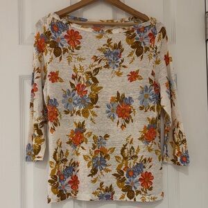 CONTEMPORAINE for Simons 100% linen floral top 3/4 sleeves boatneck size large